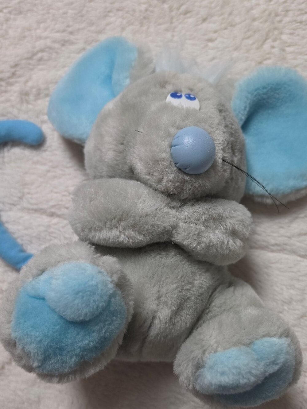 Vtg Russ Berrie Gray Mouse Plush Blue Vinyl Nose Big Ears Tail 10" Korea 2100